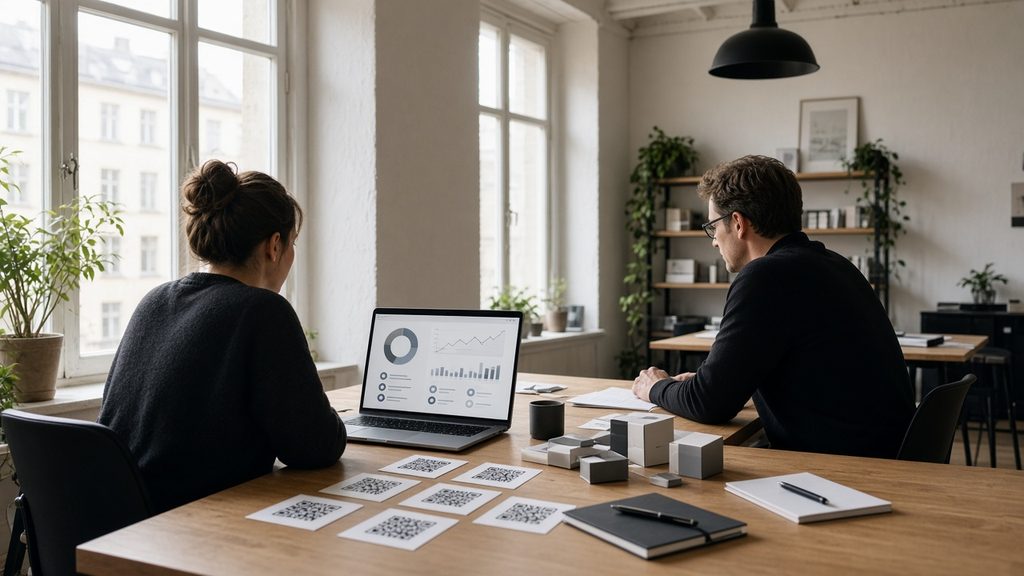 Zwei Personen in einem hellen Agenturbüro am Tisch, auf dem Laptop eine Statistik mit Balken und Kreisdiagramm, auf dem Tisch gedruckte Karten mit QR-Codes.
