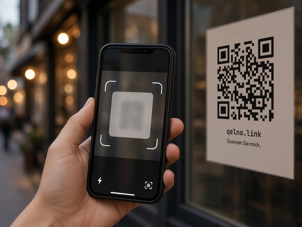 Eine Hand hält ein Telefon mit geöffneter Kamera vor ein Schaufenster. Am Fenster hängt ein Plakat mit QR-Code, der Adresse qelno.link und dem Satz Scannen Sie mich.